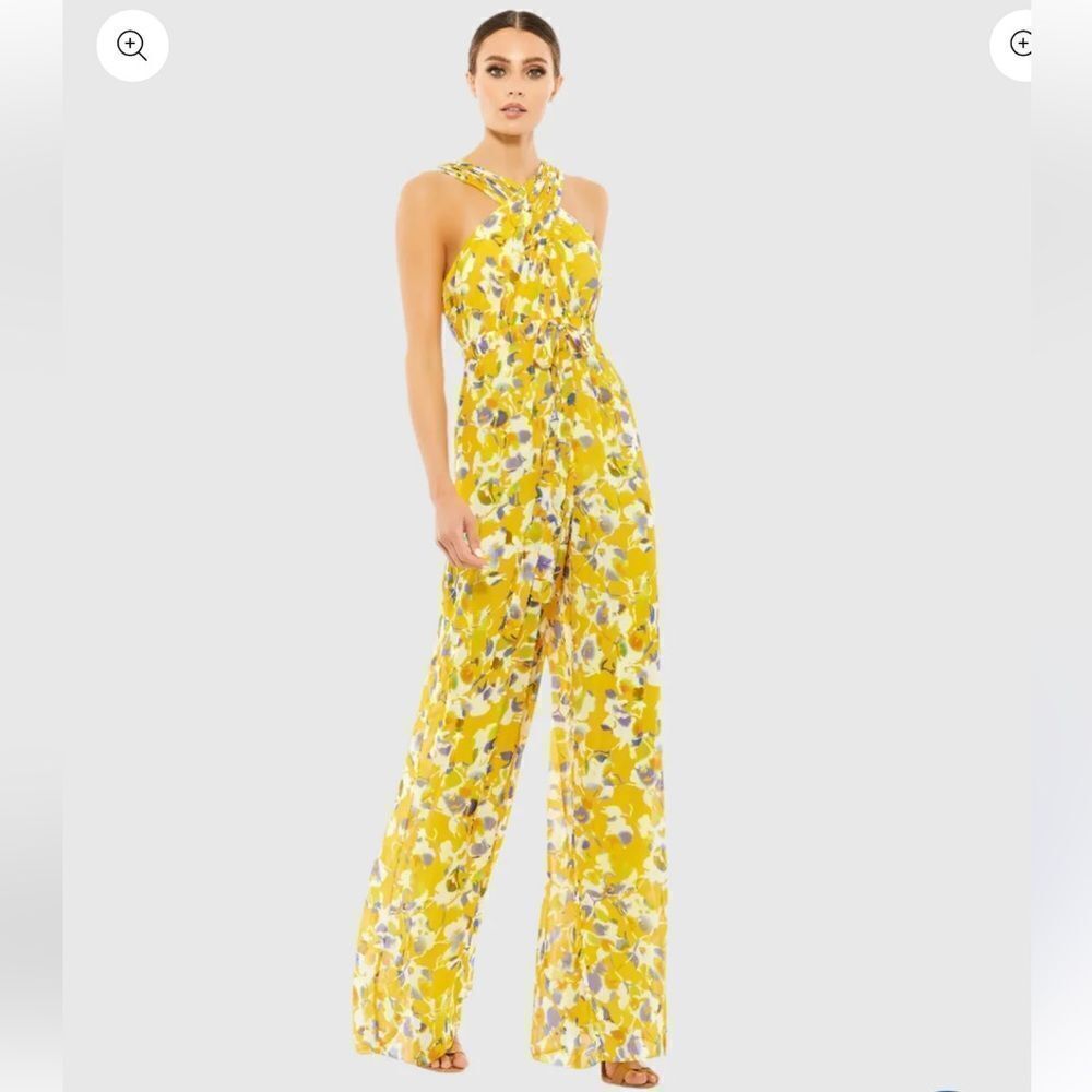 NWT Mac Duggal Ieena Yellow Crossed Halter Tie Waist Jumpsuit floral print Sz 6